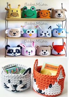 several crocheted baskets with animals on them and one has a book in it