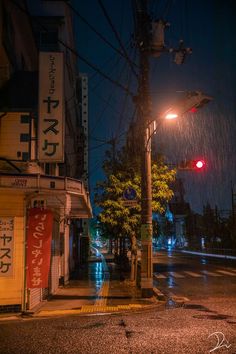 an empty street at night in the rain