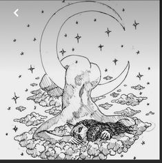 a drawing of a person sleeping on the ground with stars and moon in the background