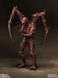 an image of a demonic creature with large arms and legs, standing in the dark