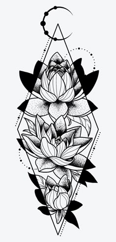 a black and white drawing of flowers on a triangle with triangles in the background,