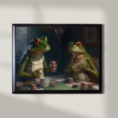 two frogs sitting at a table with cups