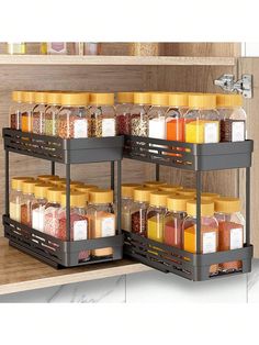 an organized spice rack in a kitchen