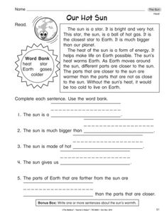 worksheet for reading the sun and other things to do in order to help students learn