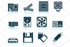 various computer and electronics icons on a white background, including hard drive, fan, memory card