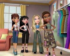 three barbie dolls standing next to each other in front of a closet full of clothes