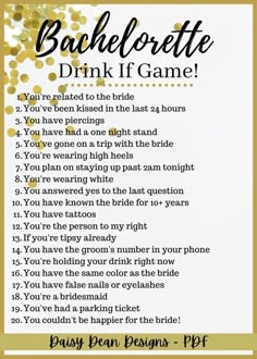 a baby shower game with gold confetti on it and the words bachelor drink if game