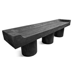 Modern black finish solid acacia wood bench with three round thick pillar legs. Beautiful natural textured wood grain. Seat height is 18". Yakisugi Furniture, Brutalist Chair, Wood Bench Design, Raw Furniture, Foyer Bench, Bench Height, Industrial Bench, African Furniture, Modern Lodge