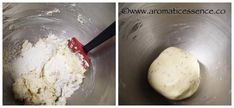 two pictures side by side showing dough in a mixing bowl with a red spatula