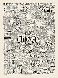 the chicago subway map is shown in black and white, with words all over it