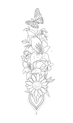 a line drawing of flowers and butterflies