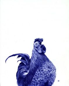 a drawing of a blue rooster standing on its hind legs, looking to the side