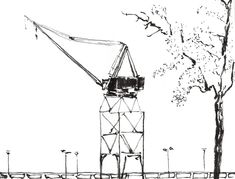 a black and white drawing of a crane on top of a tower next to a tree