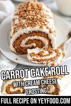 carrot cake roll with cream cheese frosting on a white plate