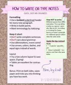 a paper with some writing on it and the words how to write or type notes