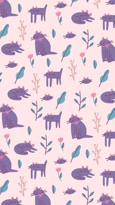 a pink background with cats and flowers on it