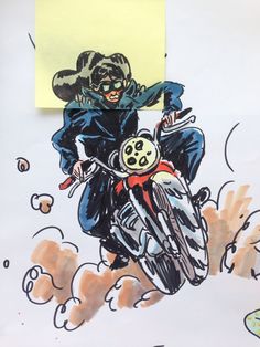 a drawing of a person on a motorcycle with a yellow sticker in the background