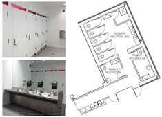 the floor plan for a public restroom with sinks and stalls in each stall, and an image of a bathroom