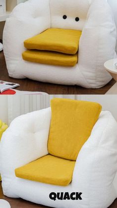 two pictures of a chair with yellow pillows on it and the same one in different positions