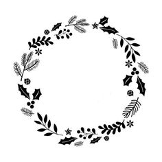 a black and white christmas wreath with holly leaves, berries and mists on it