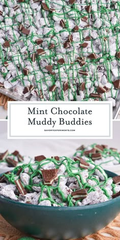 mint chocolate muddy buddies in a blue bowl