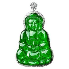 Item #8084 GIA Certified Natural Jadeite Jade carved Guan Yin Pendant. Translucent Imperial Green color. No indications of impregnation. Set in custom made 18K white gold mounting surrounded by white round brilliant cut natural diamonds. Supported by numerous pear shaped natural white diamonds in 18K white gold bale. The back of the pendant features a custom made "door" opening to view the jade color and thickness. The pendant comes with a white gold chain. Weight: 48.01 grams (gross) Measuremen Art Deco Pendant Necklace, Modern Bangle, Pearl Pendant Earrings, Guan Yin, White Gold Pendant Necklace, Jade Color, Kwan Yin, Door Opening, White Gold Chains