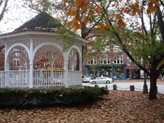 a white gazebo sitting in the middle of a park surrounded by trees and leaves