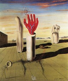 an artistic painting with two hands sticking out of the ground and another hand reaching for something