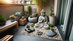 there is a buddha statue in the middle of this small courtyard area with succulents and cacti