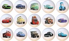 the cars are all different colors and sizes in this button or pinback design set