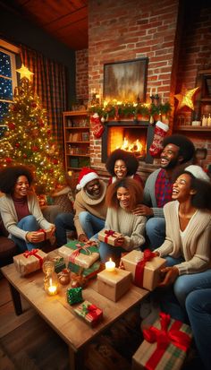 a group of people sitting around a christmas tree with presents in front of the fire place