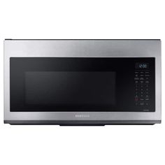 a stainless steel microwave oven with the door open and timer on it's side