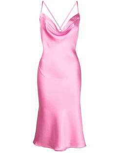 rose pink satin finish open back round neck spaghetti straps mid-length Pink Satin Dress, Pink Silk Dress, Modern Closet, Back Round, 1940s Dresses, Norma Kamali, Satin Midi Dress, Guest List, Pink Midi Dress