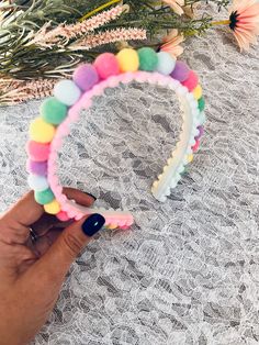 Handmade headband made from cotton Pom Pom ribbon on a toothed plastic headband Women Headbands, Pom Pom Headband, Rainbow Headband, Girls Fun, Handmade Headband, Headband Women, Dress Up Day, Plastic Headband, Creation Crafts