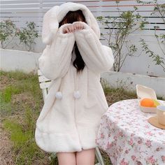 Color: White, Size: M Bunny Ear Hoodie, Hooded Coats, Egirl Aesthetic, Bunny Hoodie, Plush Coat, Winter Girl, Fluffy Bunny, Safe Room, Kawaii Bunny