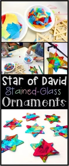 the star of david stained glass ornaments are made with construction paper and colored construction paper