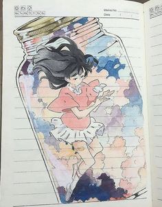 an open book with a drawing of a girl in a jar