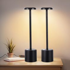 two black lamps sitting on top of a wooden table next to a potted plant