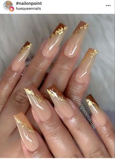 Gold Foil Nails Coffin, Brown Nails With Gold Flakes, Gold Flakes Nails, Nails Gold Flakes, Gold Flake Nails, Gold Foil Nails, Copper Nails, Gold Nail Designs, Nail Goals