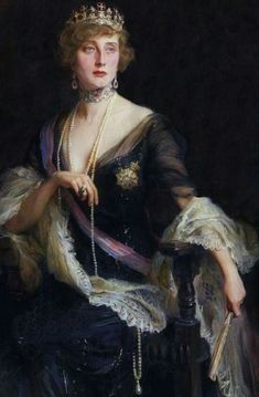 a painting of a woman in a black dress with pearls and a tiara on her head