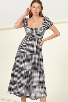 Elevate your summer style with our women's gingham puff sleeve maxi dress. features a sweetheart neckline, tiered hem, and romantic tie-back design. Full Maxi Skirt, Printed Long Dresses, Maxi Dress Online, Gingham Print, Gingham Dress, Bustiers, Maxi Dress With Sleeves, Printed Maxi, Tie Dress