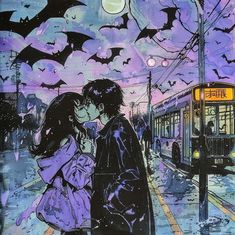 a painting of two people kissing in front of a train at night with bats flying overhead