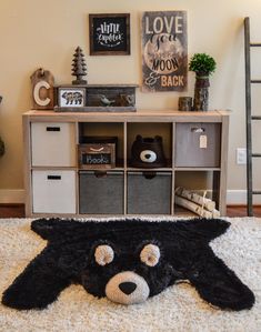 a teddy bear rug on the floor in front of a bookcase