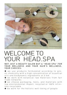 a woman laying on the ground with her hair in front of her face and text that reads, welcome to your head spa