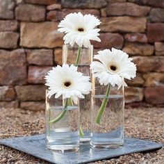 three clear vases with white flowers in them on a stone slab next to a brick wall