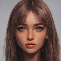 a digital painting of a woman's face with brown hair and blue eyeliners