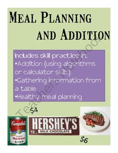 a menu for meal planning and addition with pictures of food items on the side, including meat