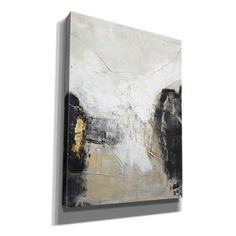 an abstract painting with black, white and gold colors on the wall in front of a white background