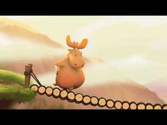 a cartoon character riding a skateboard across a wooden bridge with mountains in the background