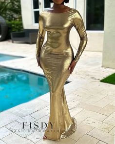 Fisdy - Elegante Vestido de Noche de Manga Larga con Acabado Metálico y Volante de Sirena Gold Elegant Dress, Womens Evening Gowns, Mermaid Evening Dress, Backless Bodycon Dresses, Ruched Maxi Dress, Dress Sleeve Styles, Party Dress Long Sleeve, Sleeve Bodycon Dress, Round Neck Dresses